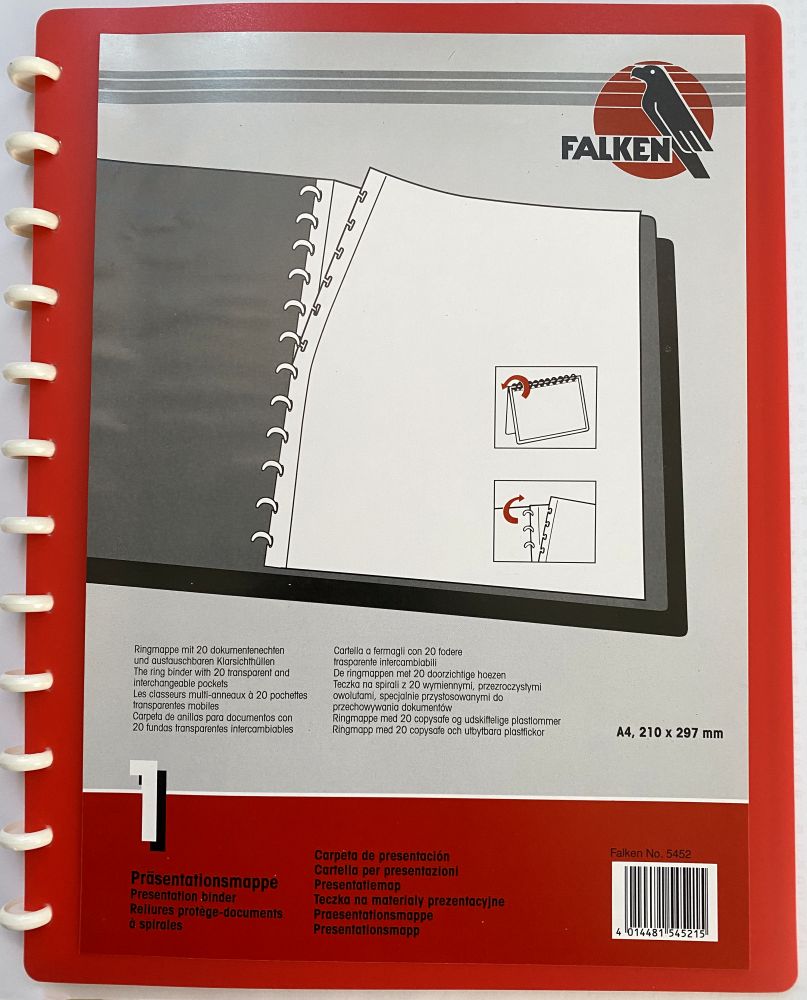 Präsentationsmappen, Ringmappe Rot, Falken mit 20 ausheftbaren dokumentenechten Prospekthüllen