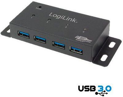 USB-Hub (USB 3.0) A-Stecker an 4x A-Stecker aktiv Logilink Metall mit Netzteil, geeignet für Wandmontage, PnP