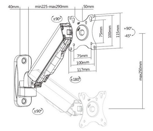 Monitor-Wandhalterung für TFT/LCD Monitor equip max. 9kg, Armlänge 335mm, mit Gasfeder
