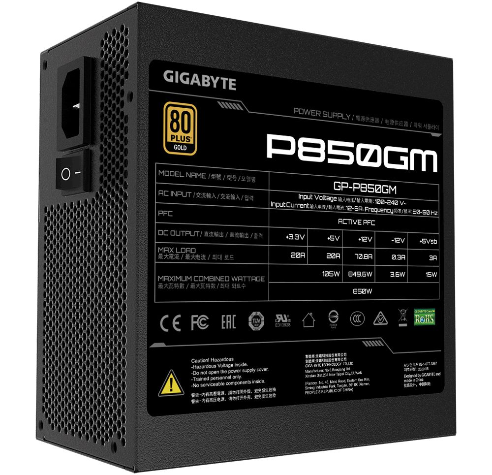 Netzteil 850 W GIGABYTE 80+ Gold PFC, ATX12V 2.31 mit Kabelmanagement, 80-PLUS-Zertifizierung: 80 PLUS Gold