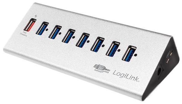 USB-Hub (USB 3.0) A-Stecker an 7+1x A-Stecker aktiv Logilink 1x Schnell-Ladeport, Aluminium-Gehäuse, inkl. Netzteil